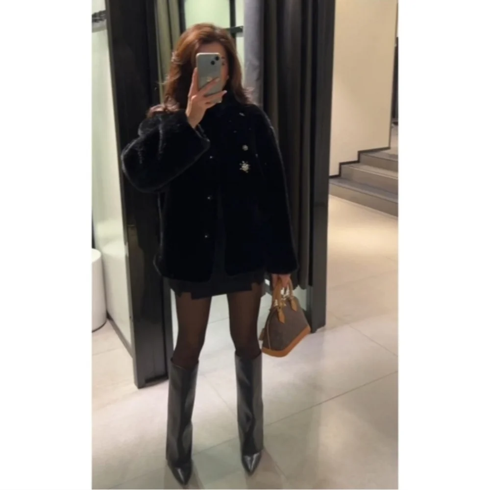Zara Coat Jewel Faux Fur Black NWT - Picture 3 of 12